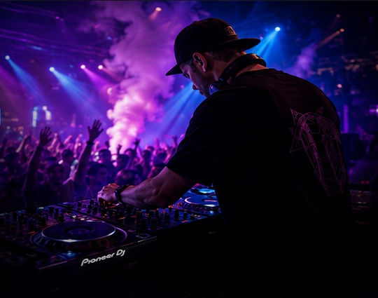 DJ Nexus performing in a neon-lit club